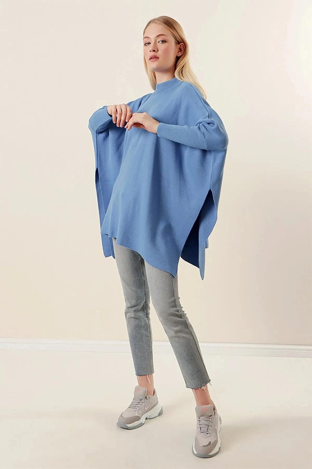 Women's Blue Oversize Slit Poncho Knitwear Sweater