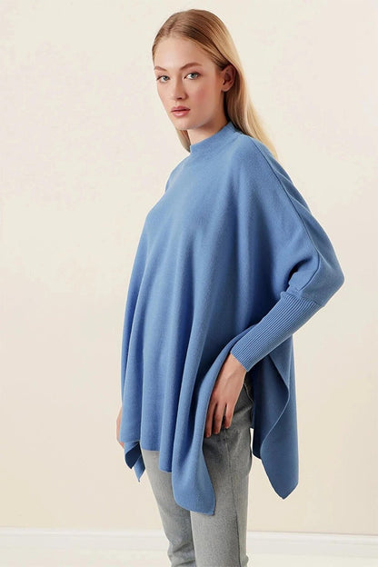 Women's Blue Oversize Slit Poncho Knitwear Sweater