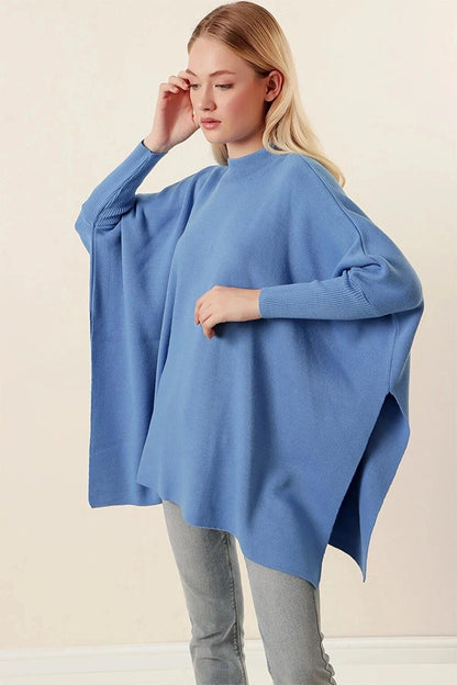 Women's Blue Oversize Slit Poncho Knitwear Sweater