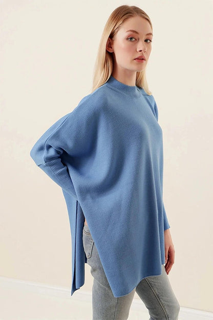 Women's Blue Oversize Slit Poncho Knitwear Sweater