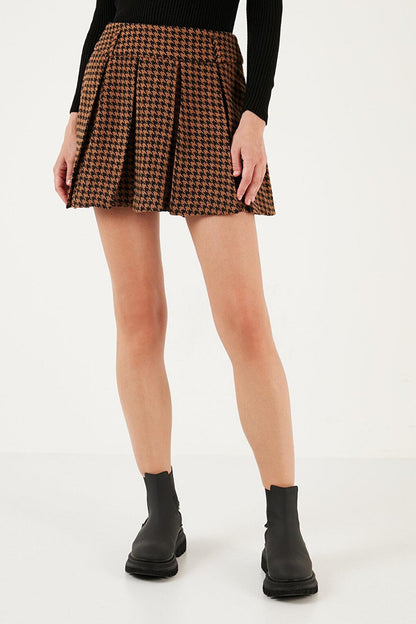 Cotton and Wool Blend Pleated Houndstooth Regular Fit Mini Shorts Skirt 611SR00028