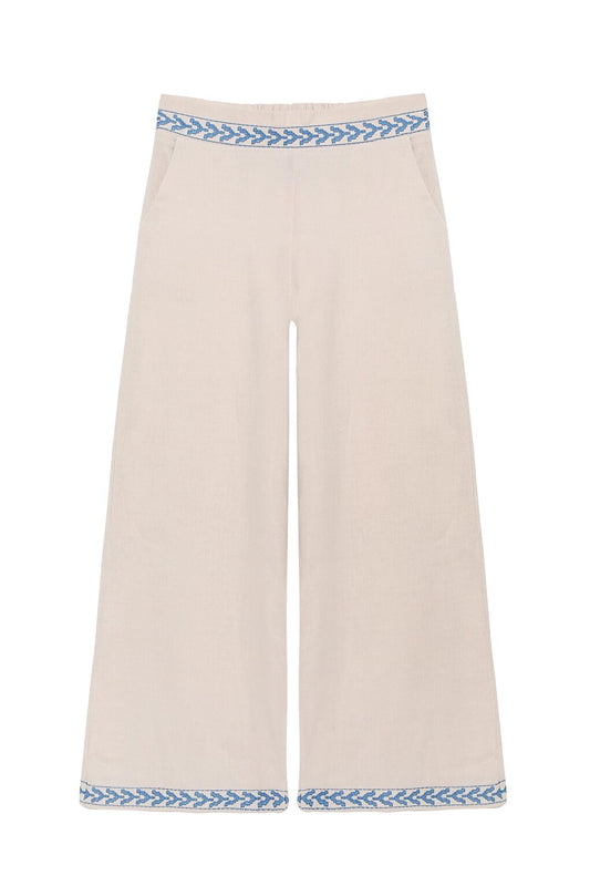 Embroidery Detailed Wide Leg Trousers Beige