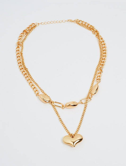 Gold Heart Figured Multiple Chain Necklace