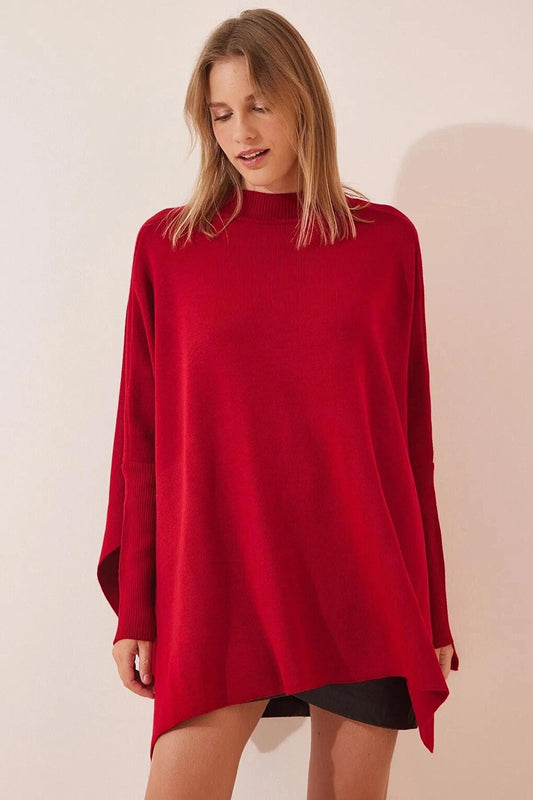 Women's Burgundy Oversize Slit Poncho Knitwear Sweater