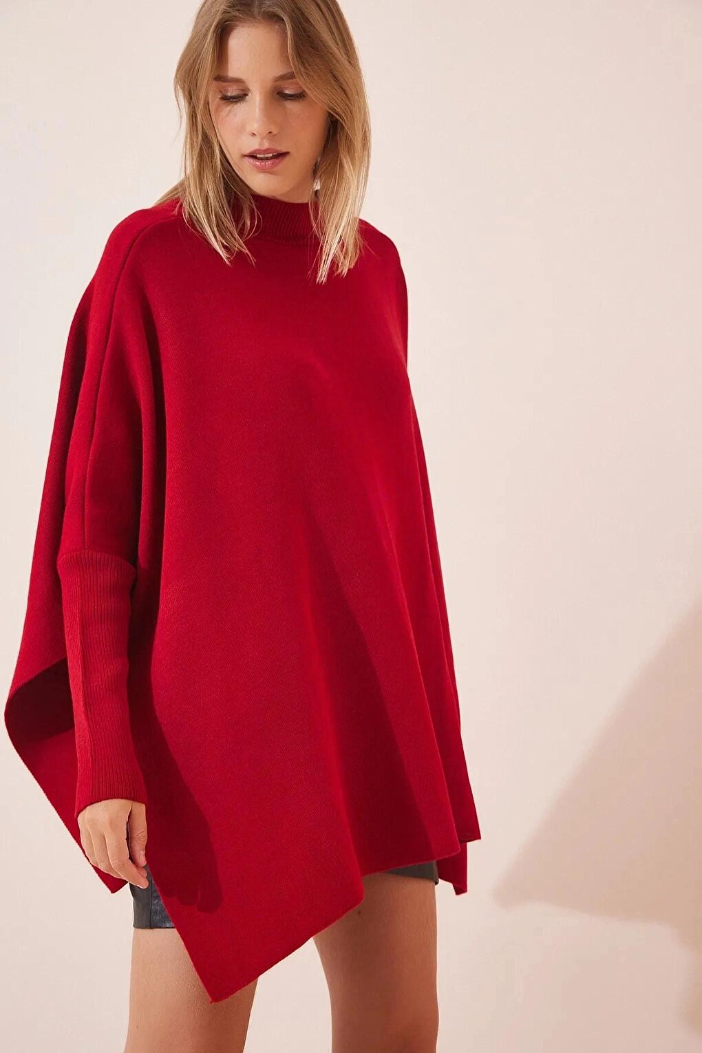 Women's Burgundy Oversize Slit Poncho Knitwear Sweater