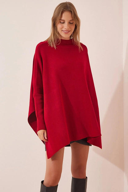 Women's Burgundy Oversize Slit Poncho Knitwear Sweater