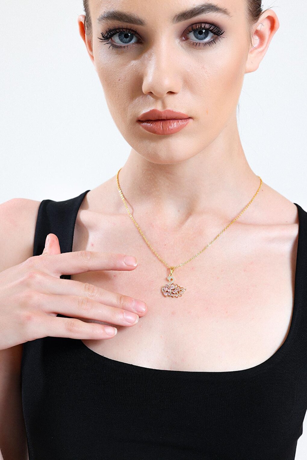 Gold Plated Pink Marquise Stone Swan Necklace