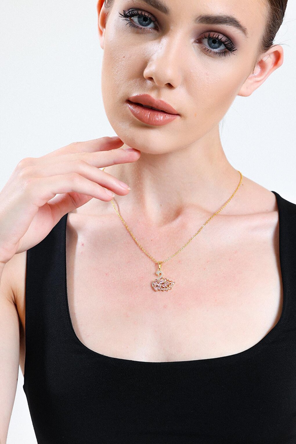 Gold Plated Pink Marquise Stone Swan Necklace