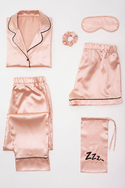 6-Piece Black Piping Rose Gold Satin Pajama Set