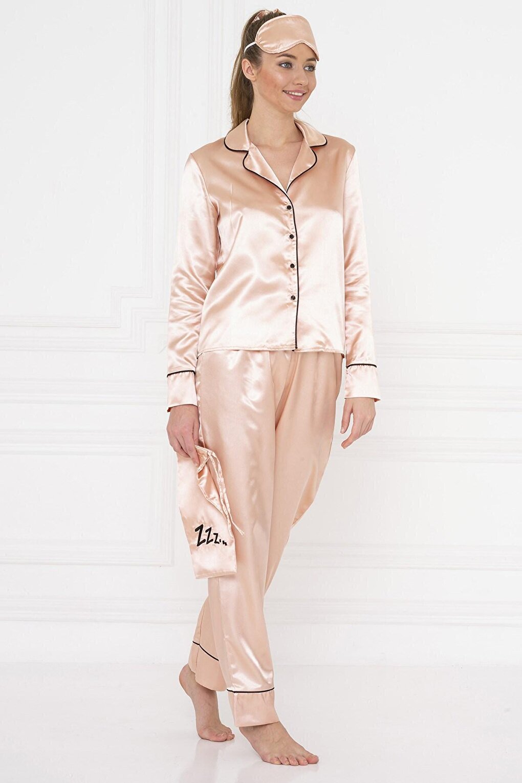 6-Piece Black Piping Rose Gold Satin Pajama Set