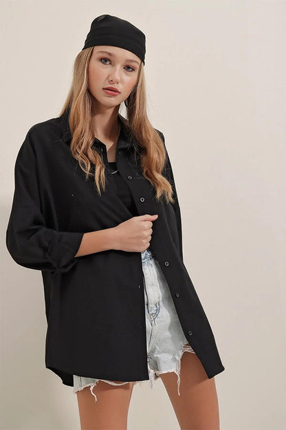 Women's Black Plain Plain Araboy Basic Oversize Shirt