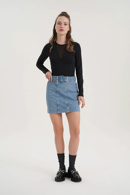 Light Blue High Waist Belt Detailed Jean Skirt C 4532-034