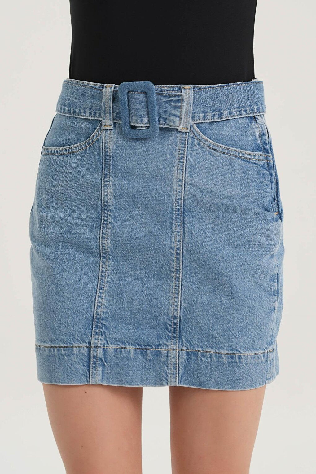 Light Blue High Waist Belt Detailed Jean Skirt C 4532-034