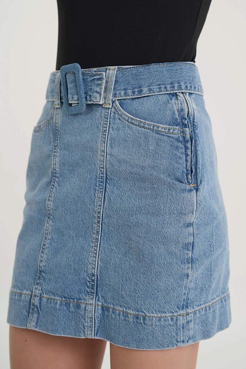 Light Blue High Waist Belt Detailed Jean Skirt C 4532-034