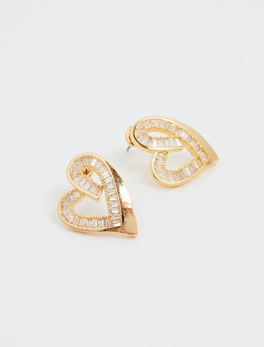 Elegant Earrings with Gold Baguette Stone and Heart Figure