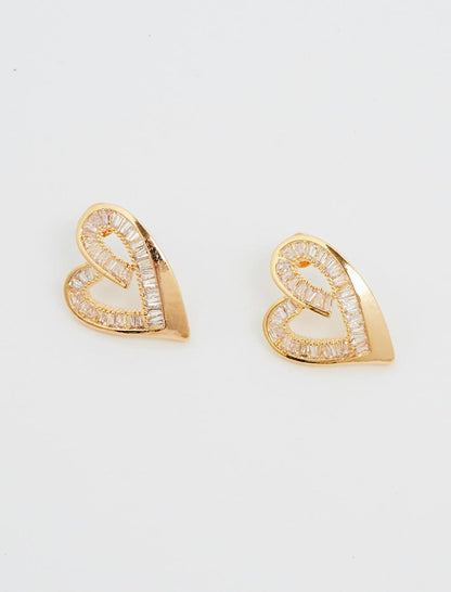 Elegant Earrings with Gold Baguette Stone and Heart Figure