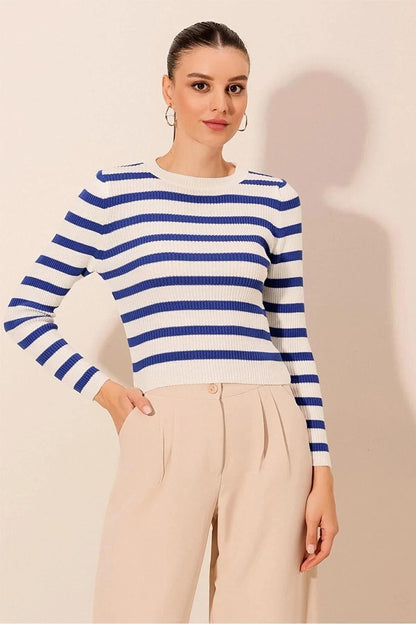 Women's Blue Striped Crew Neck Knitwear Sweater