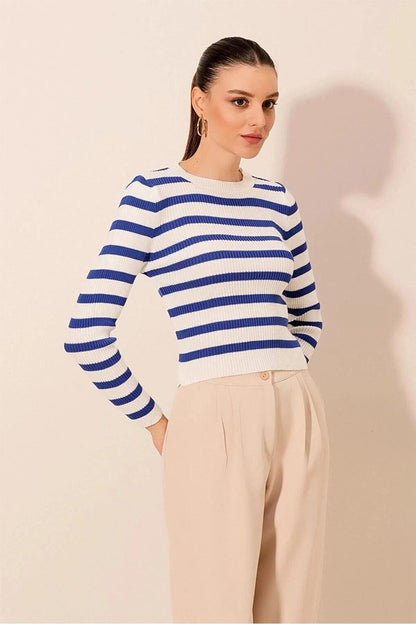 Women's Blue Striped Crew Neck Knitwear Sweater