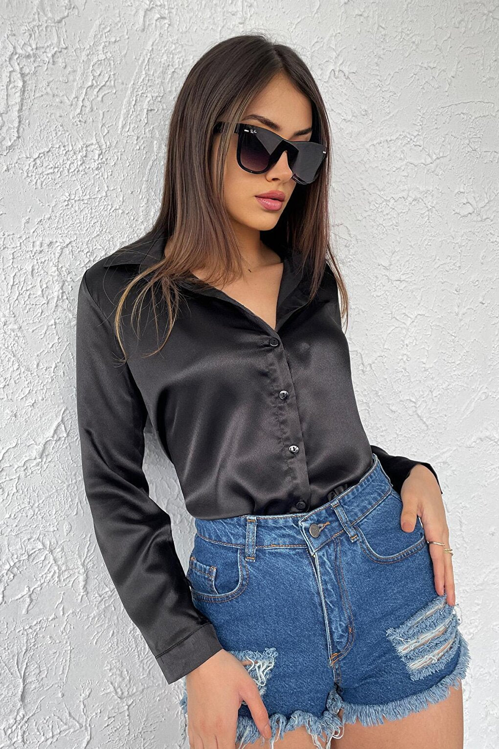 Women's Black Draped Viscose Basic Satin Shirt