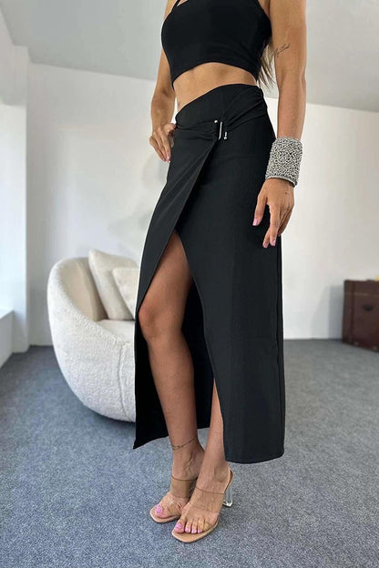 Ribbed Metal Buckle Detail Slit Skirt