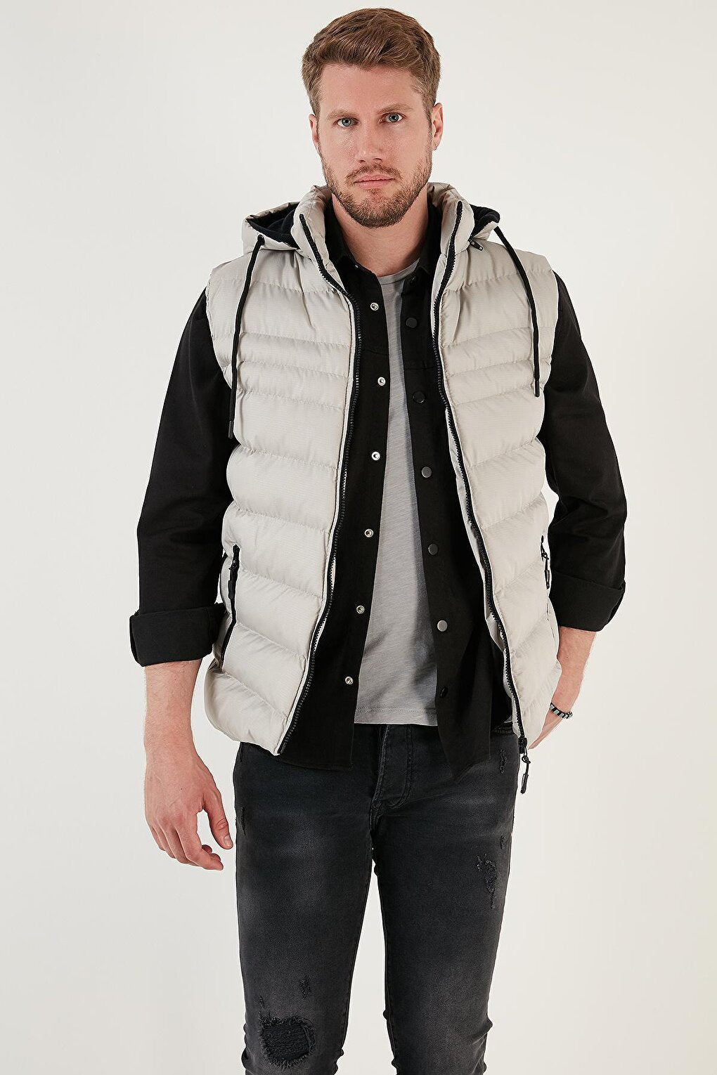 Water and Wind Resistant Slim Fit Puffer Vest with Removable Hood 649006