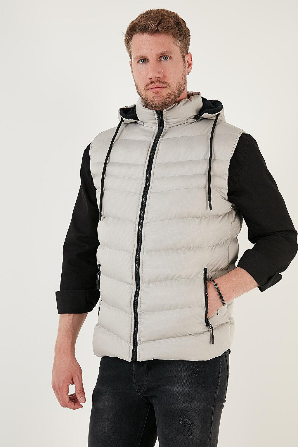 Water and Wind Resistant Slim Fit Puffer Vest with Removable Hood 649006