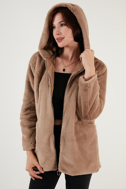 Zippered Regular Fit Hooded Soft Textured Faux Fur 497DERIN