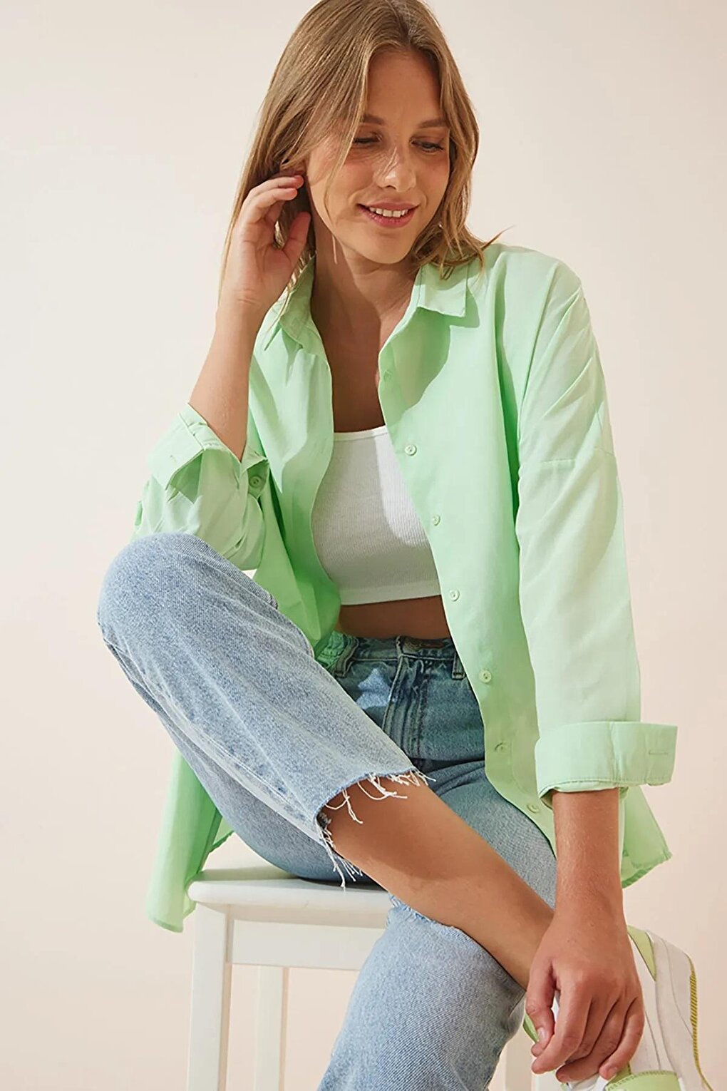 Women's Water Green Plain Plain Araboy Basic Oversize Shirt