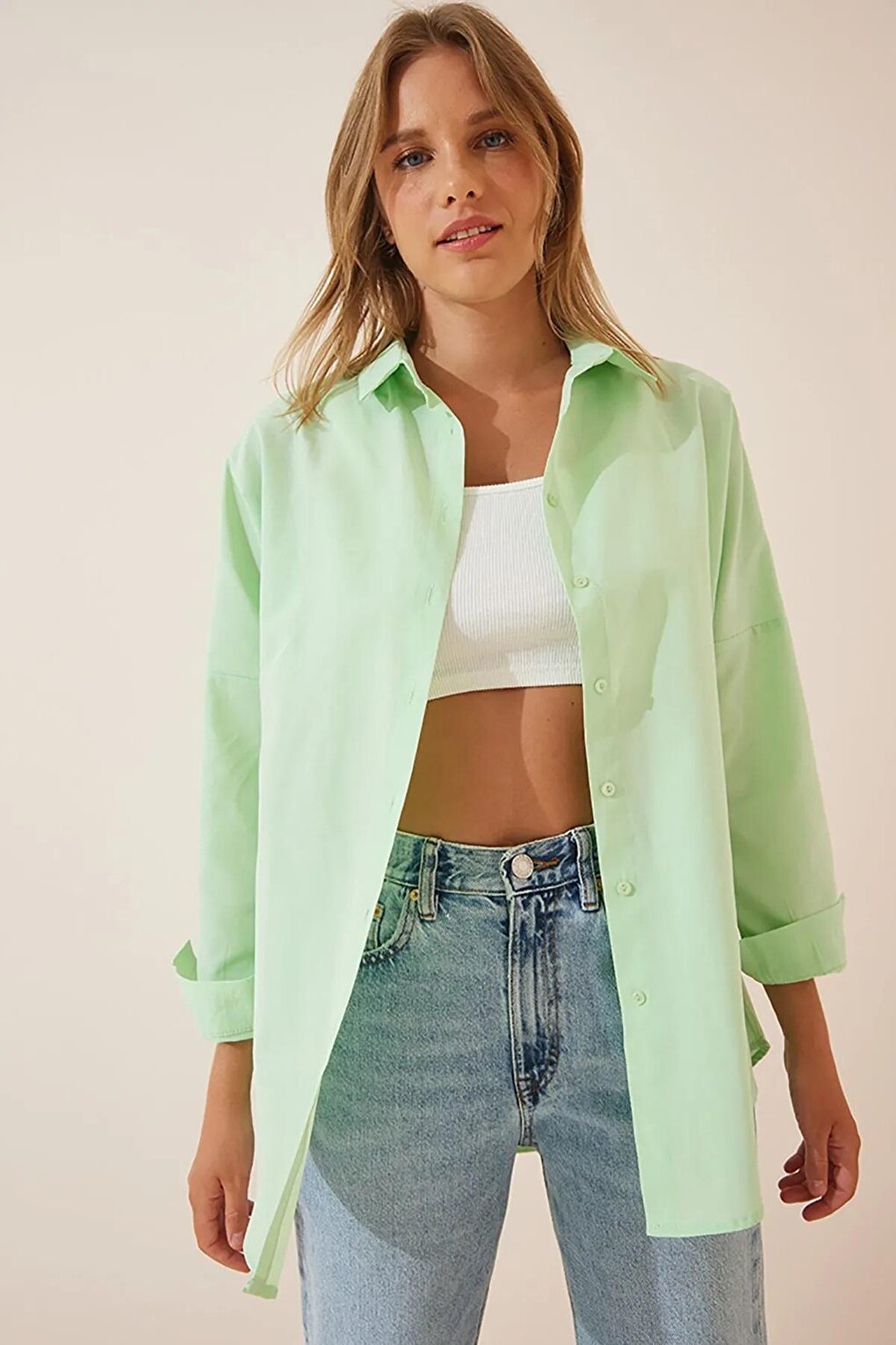 Women's Water Green Plain Plain Araboy Basic Oversize Shirt