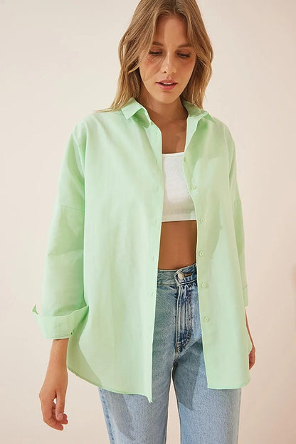 Women's Water Green Plain Plain Araboy Basic Oversize Shirt