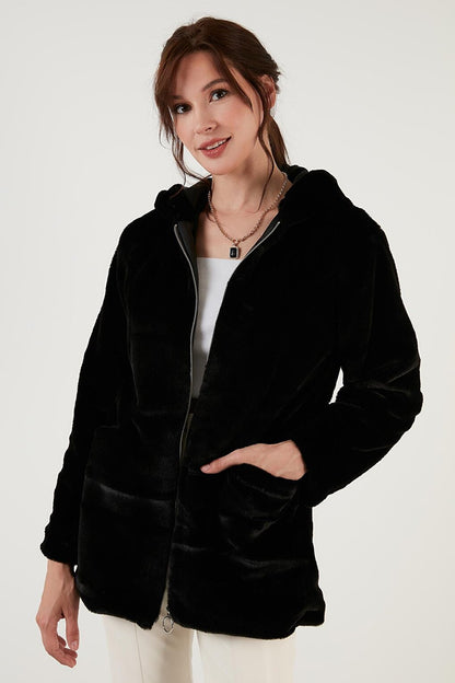 Zippered Regular Fit Hooded Soft Textured Faux Fur 497DERIN