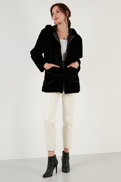 Zippered Regular Fit Hooded Soft Textured Faux Fur 497DERIN