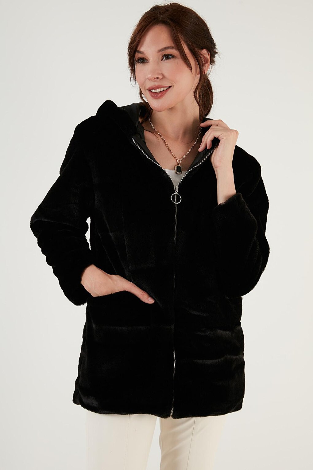 Zippered Regular Fit Hooded Soft Textured Faux Fur 497DERIN