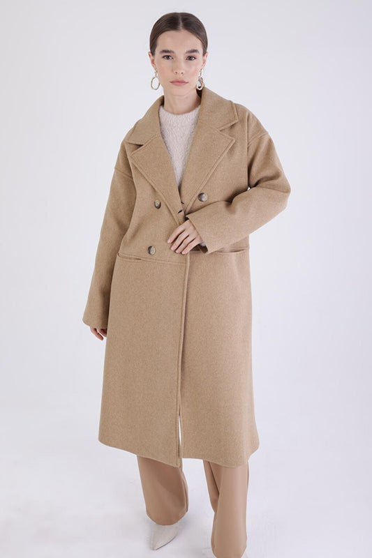 Camel Double Breasted Buttoned Cashmere Coat