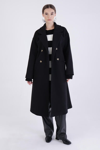 Black Double Breasted Buttoned Cashmere Coat