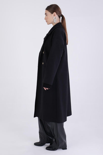 Black Double Breasted Buttoned Cashmere Coat