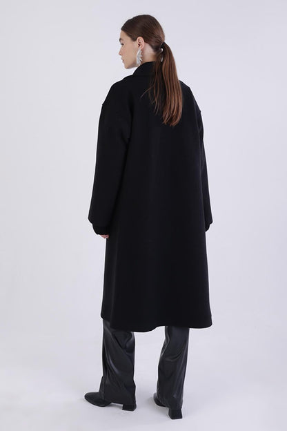 Black Double Breasted Buttoned Cashmere Coat