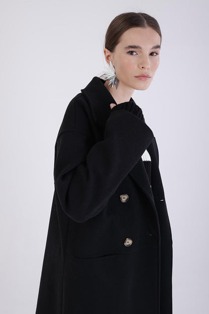 Black Double Breasted Buttoned Cashmere Coat