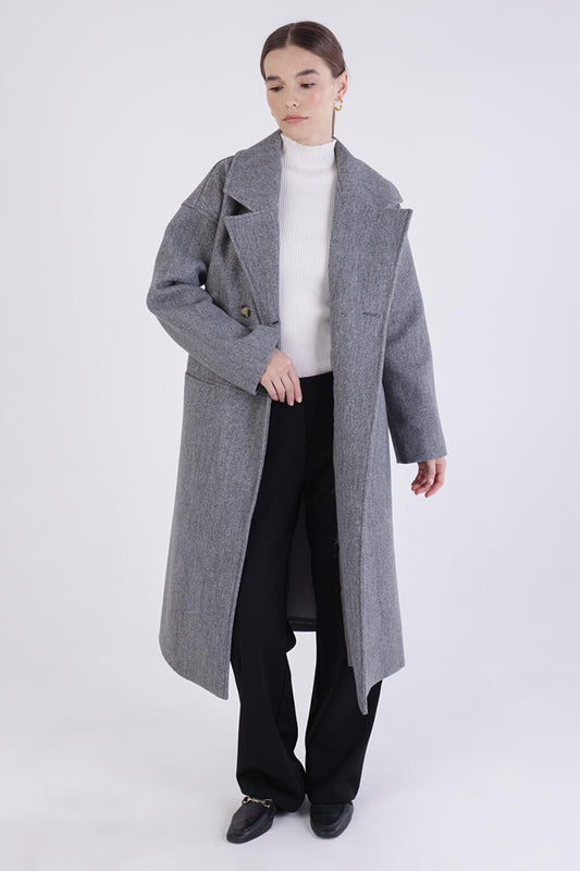 Gray Double Breasted Buttoned Cashmere Coat