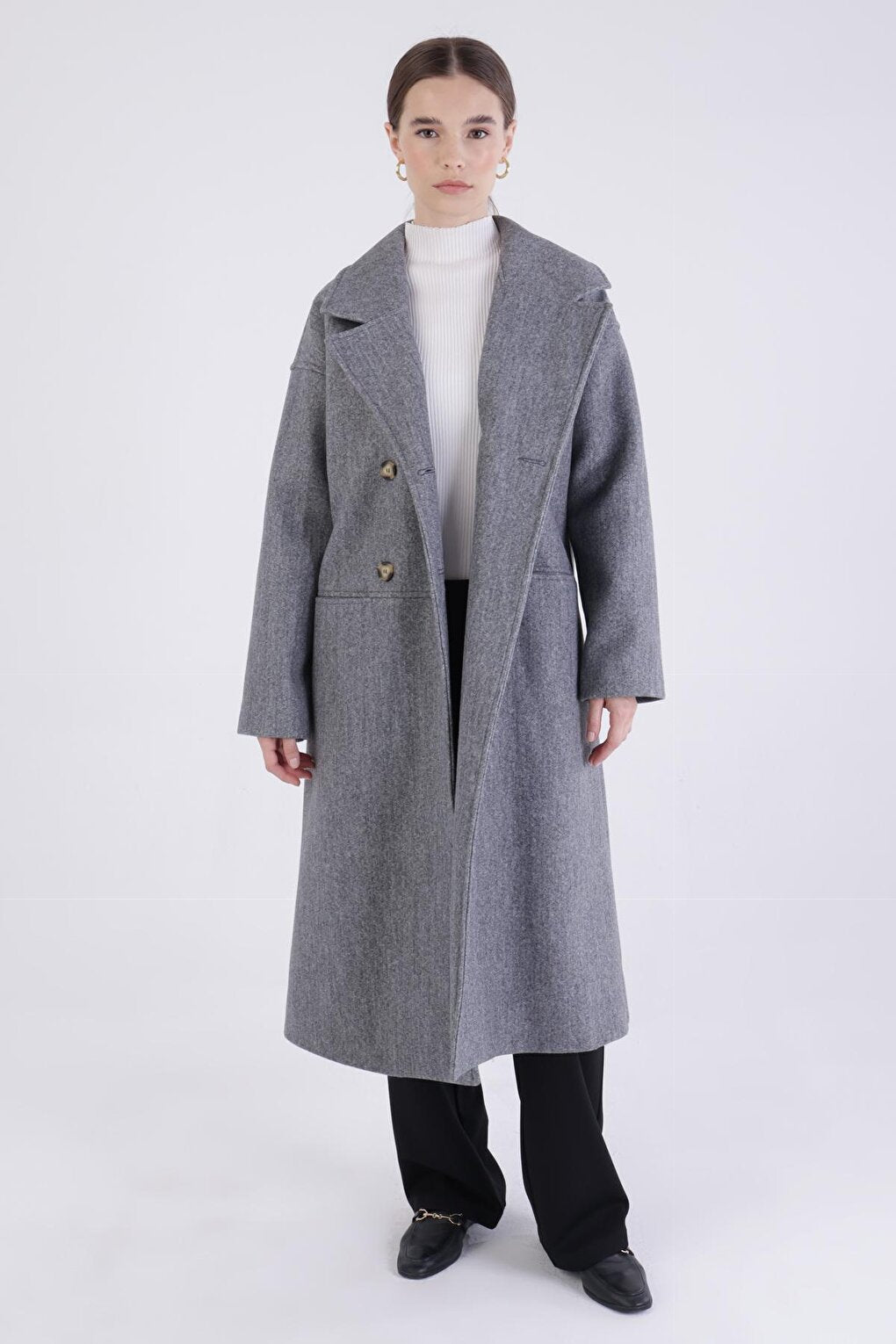 Gray Double Breasted Buttoned Cashmere Coat