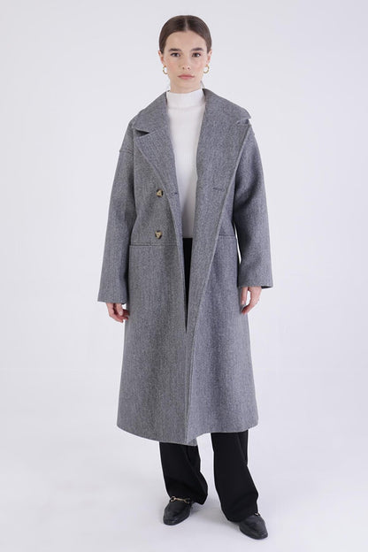 Gray Double Breasted Buttoned Cashmere Coat