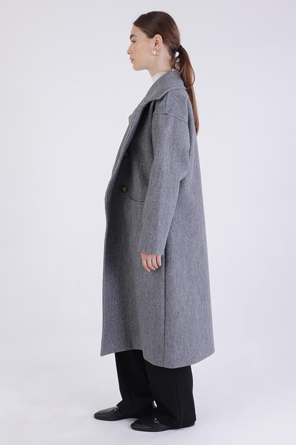 Gray Double Breasted Buttoned Cashmere Coat