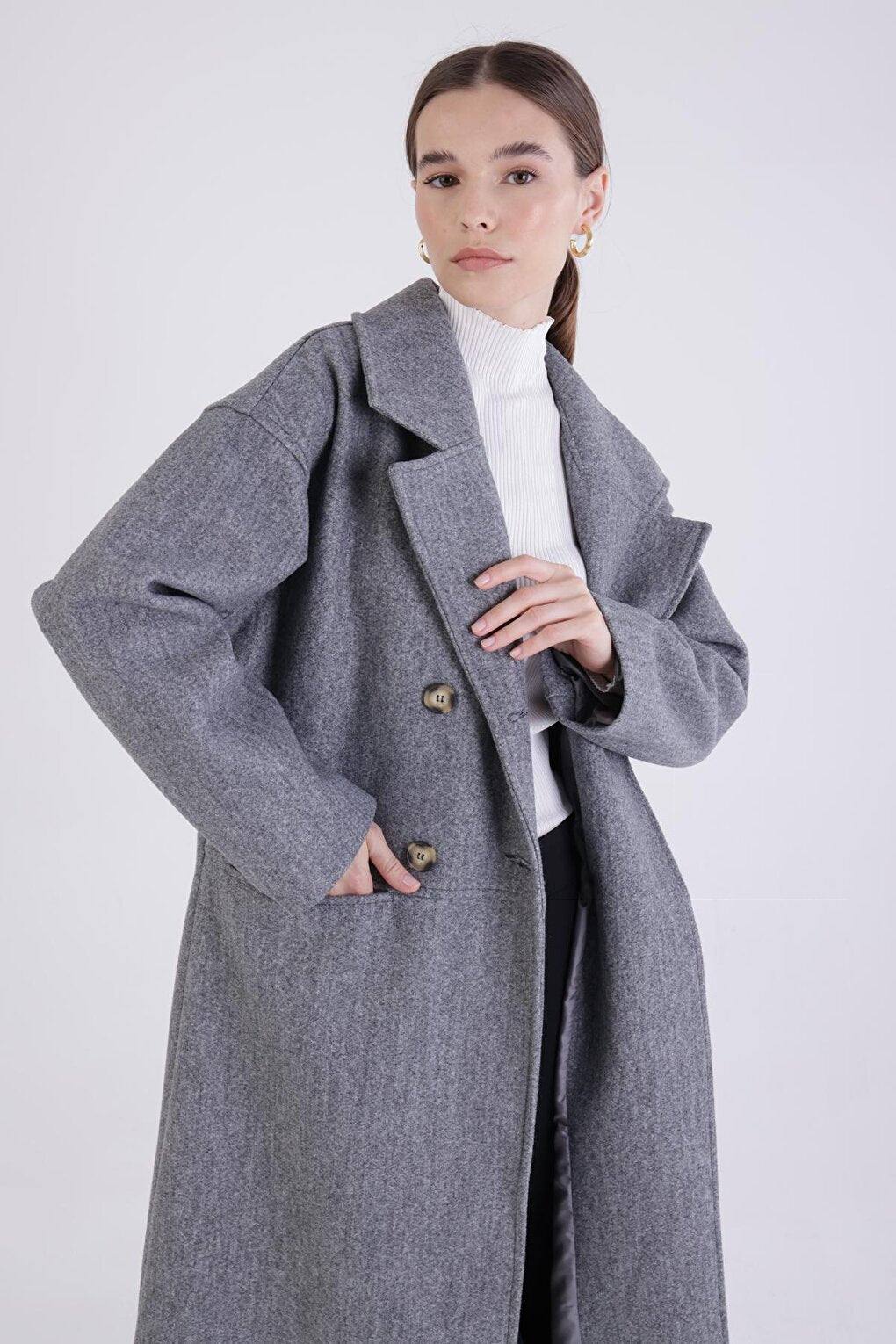 Gray Double Breasted Buttoned Cashmere Coat