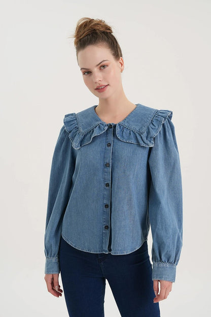 Medium Blue Collar Ruffle Detailed Jean Shirt C 4538-155