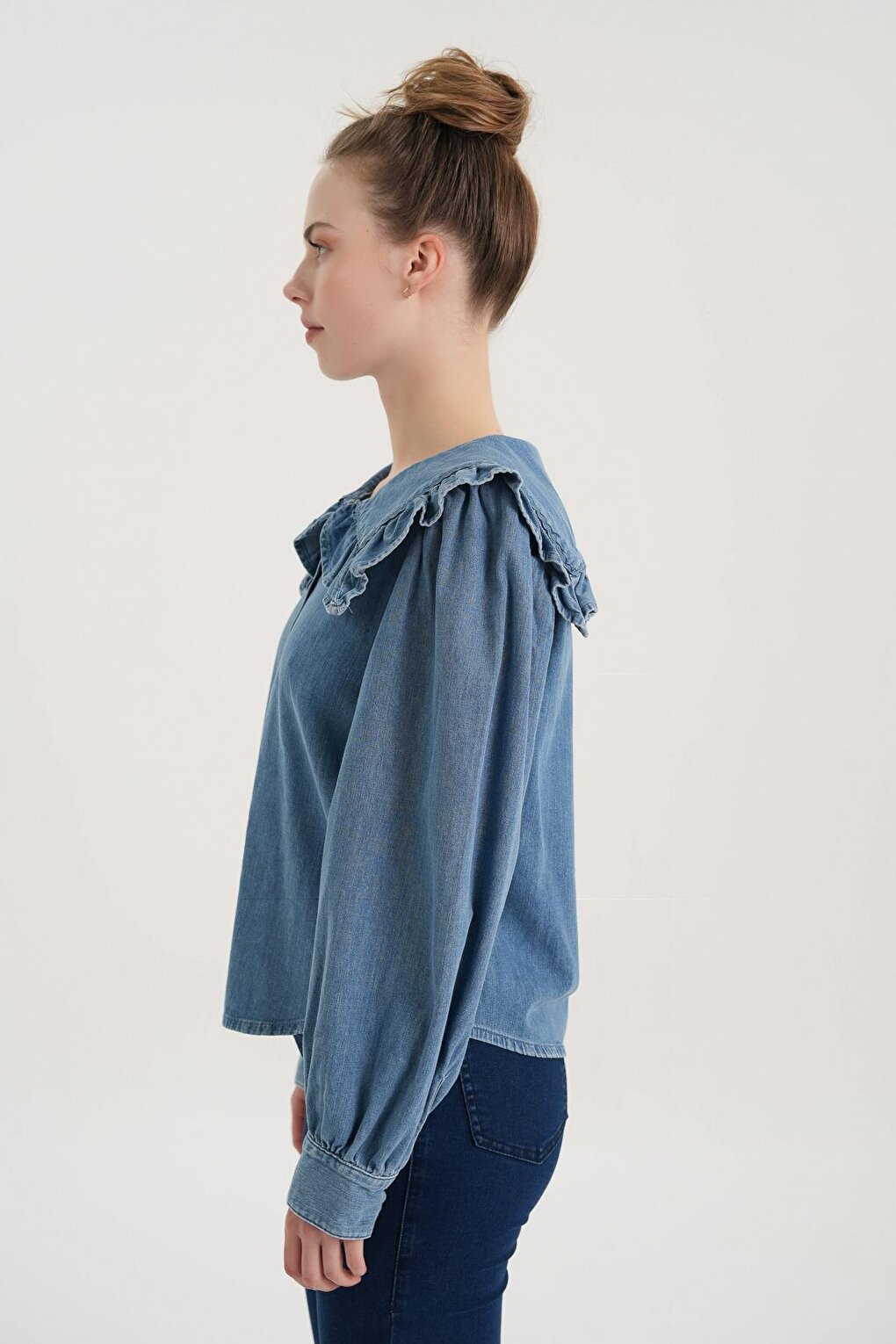 Medium Blue Collar Ruffle Detailed Jean Shirt C 4538-155