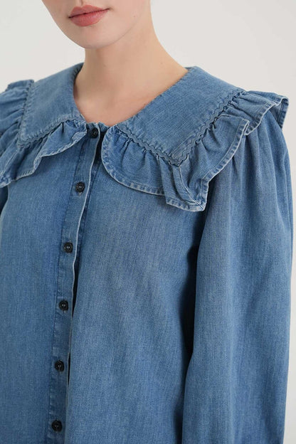 Medium Blue Collar Ruffle Detailed Jean Shirt C 4538-155