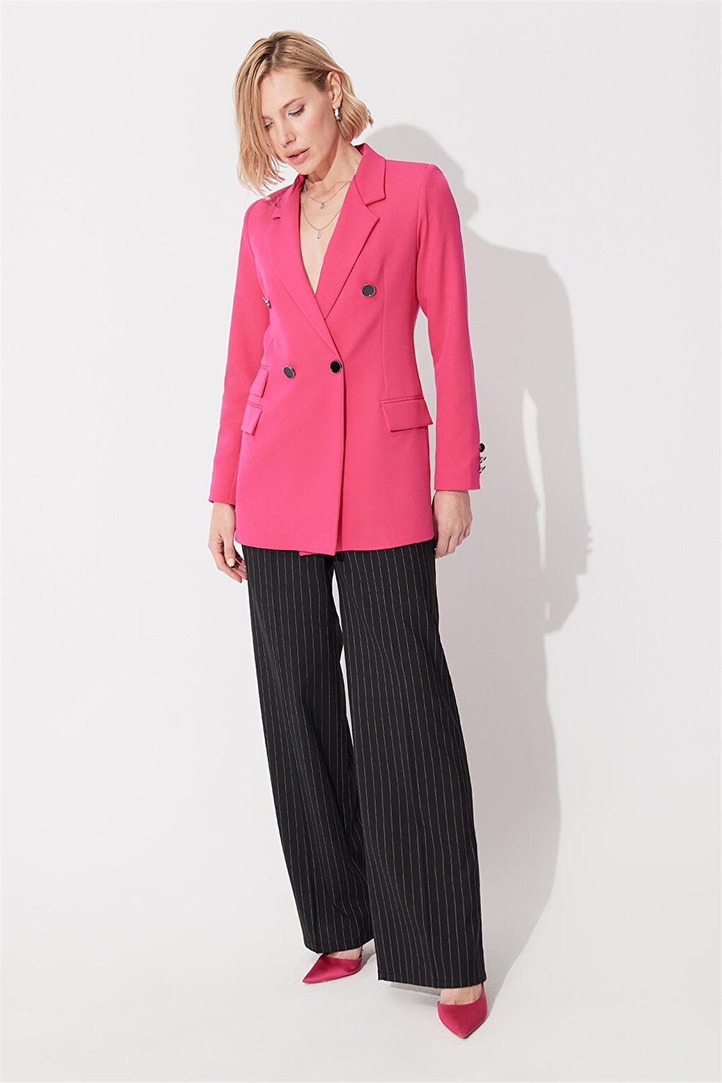 Pink 4 Button Double Breasted Lapel Blazer Jacket SS23J4708PE