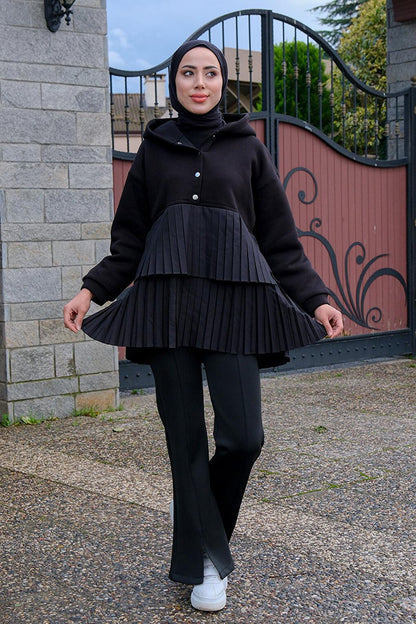 Hooded Pleat Detail Black