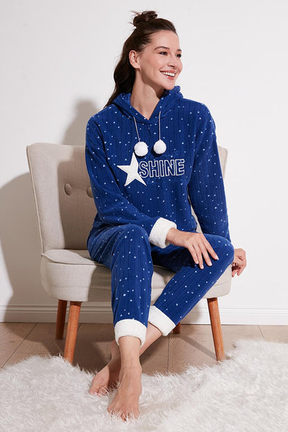 Patterned Regular Fit Hooded Fleece Pajama Set 6571004