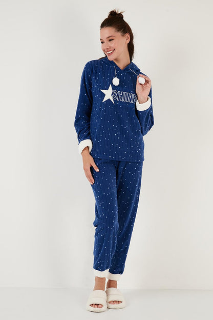 Patterned Regular Fit Hooded Fleece Pajama Set 6571004